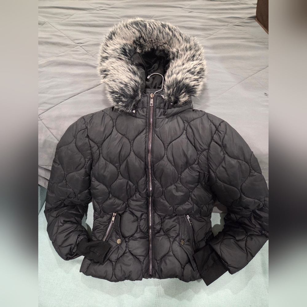 How Dare U Black Quilted Puffer Jacket Detachable Hood Thumb Holes Zip Pockets
